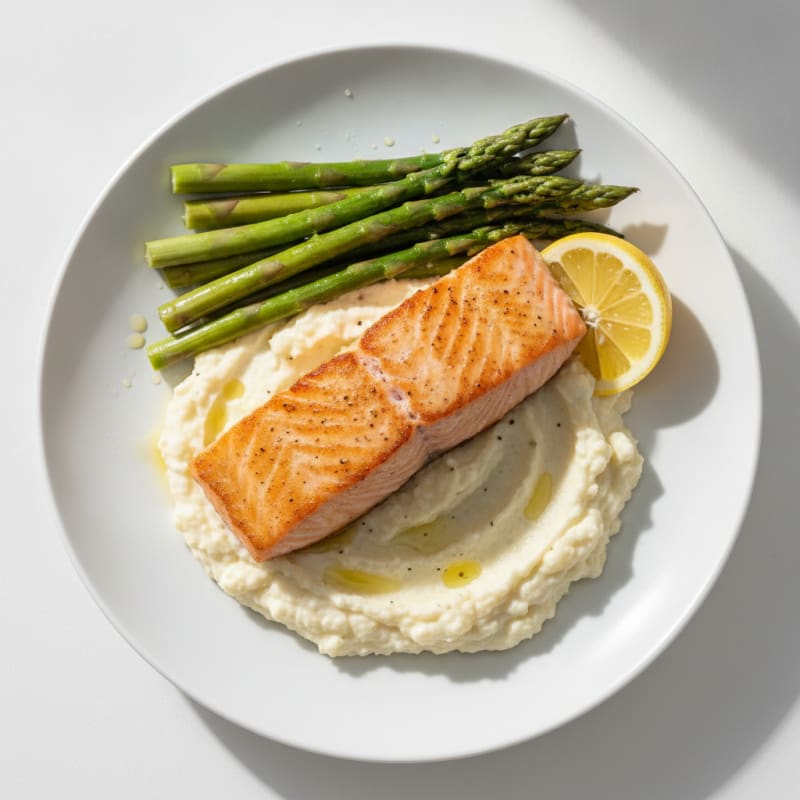 Seared Salmon with Steamed Asparagus and Cauliflower Mash