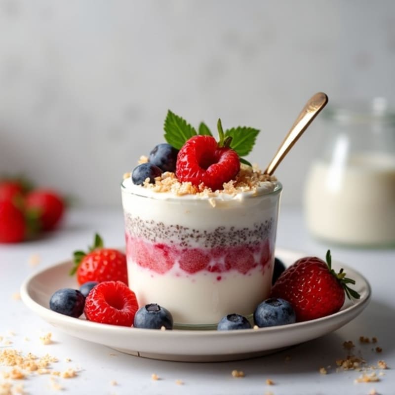 Creamy Vanilla Protein Chia Pudding with Fresh Berries and Toasted Coconut