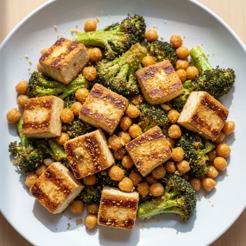 Seared Tofu with Roasted Broccoli and Garlic Chickpeas