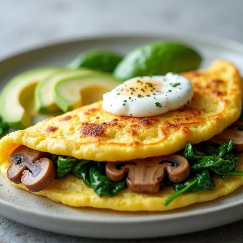 Egg White Spinach Omelet with Cottage Cheese and Sautéed Mushrooms