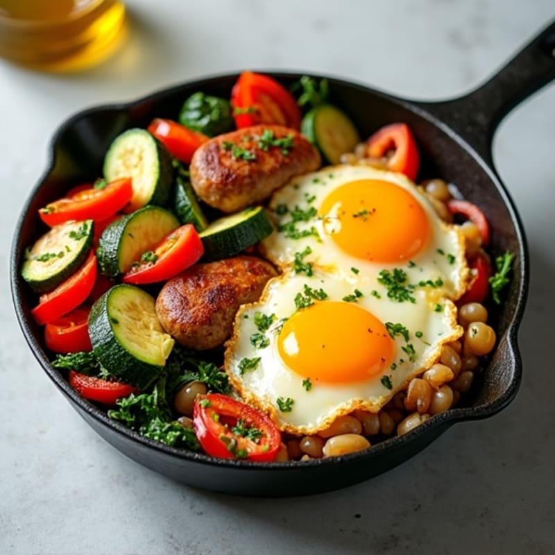 Loaded Breakfast Skillet with Scrambled Eggs, Lean Turkey Sausage, and Roasted Vegetables
