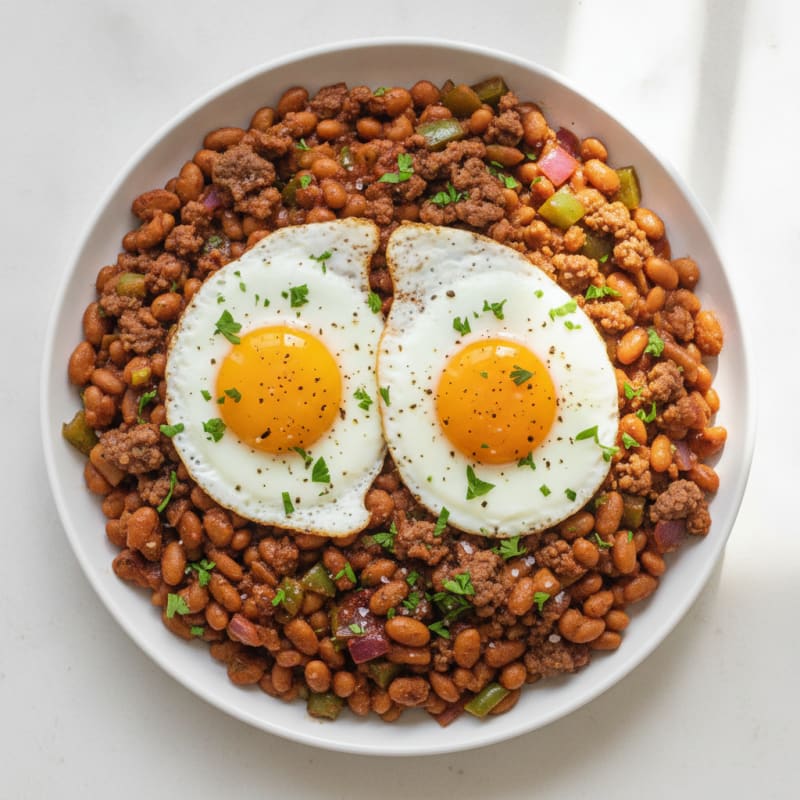 Ground Beef Baked Bean Skillet with Eggs