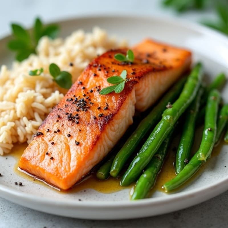 Seared Salmon with Steamed Green Beans and Brown Rice