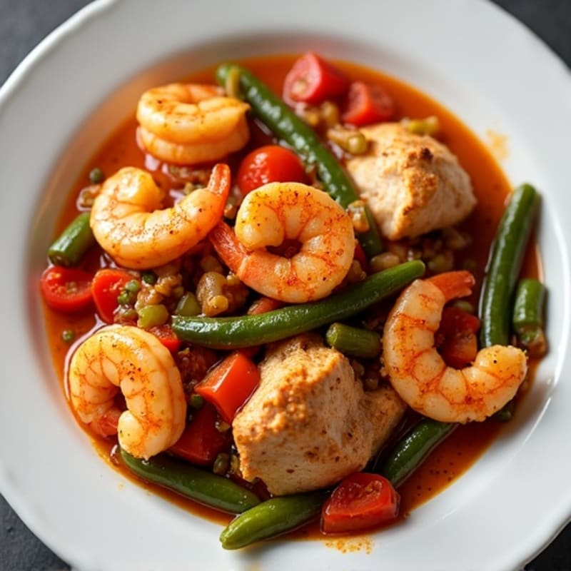 Hearty Spicy Chicken and Shrimp Stew with Okra and Bell Peppers