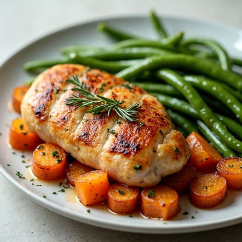 Herb-Roasted Chicken with Crispy Roasted Sweet Potatoes and Green Beans