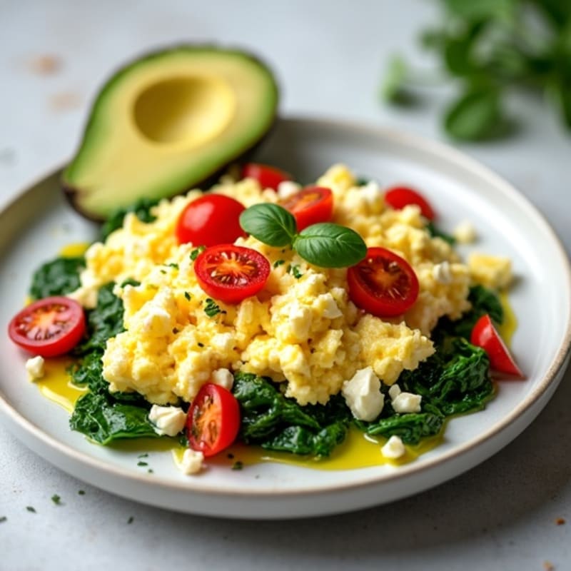 Cottage Cheese Egg White Scramble with Spinach and Cherry Tomatoes