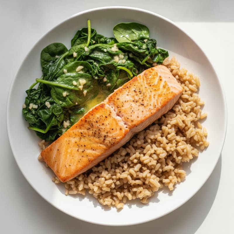 Seared Salmon with Garlic Spinach and Brown Rice