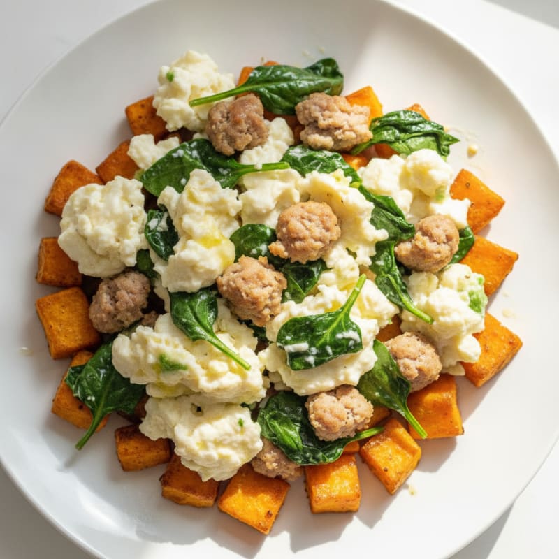 Egg White and Turkey Sausage Scramble with Spinach and Roasted Sweet Potato