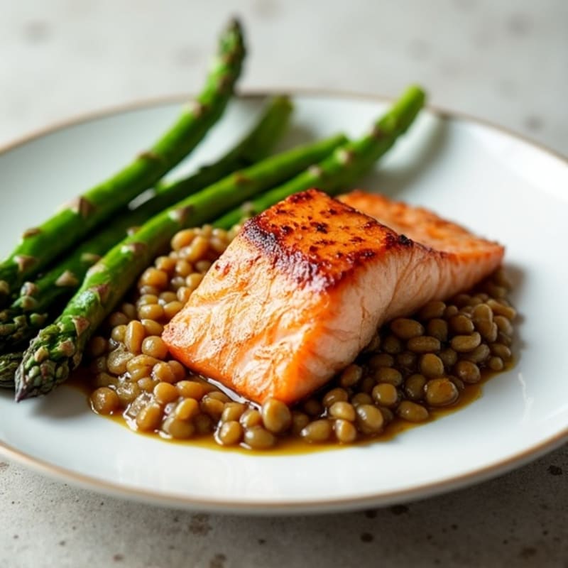 Seared Salmon Fillet with Steamed Asparagus and Lentil Mash
