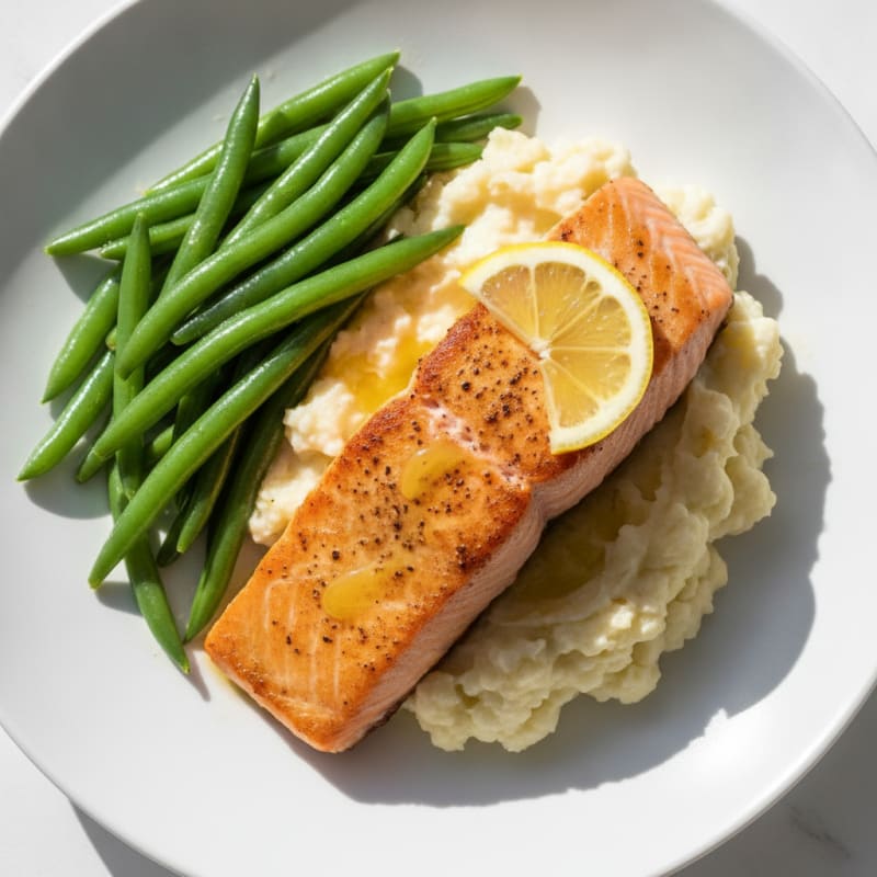 Seared Salmon Fillet with Steamed Green Beans and Garlic Mashed Cauliflower
