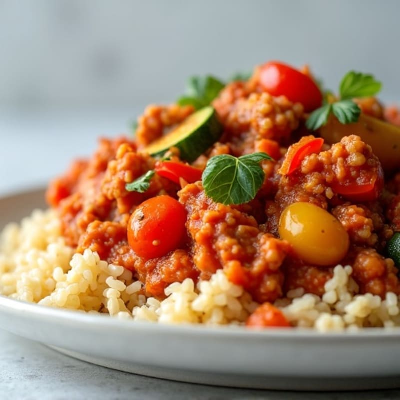 Lean Ground Turkey and Vegetable-Rich Tomato Sauce with Fluffy Brown Rice