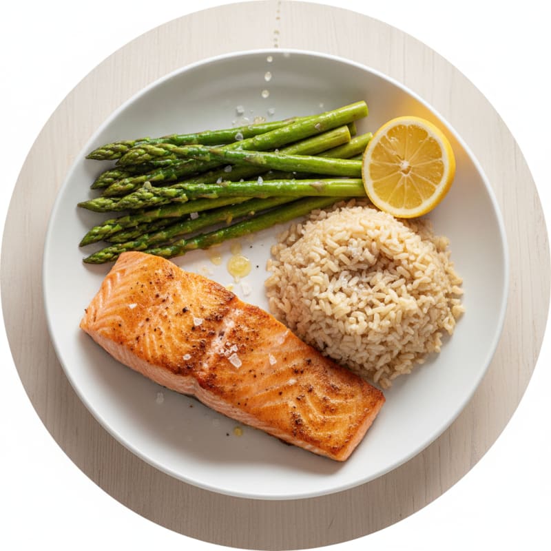 Seared Salmon with Steamed Asparagus and Brown Rice