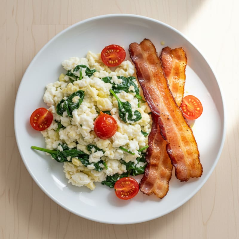 Egg White Spinach Scramble with Grilled Turkey Bacon
