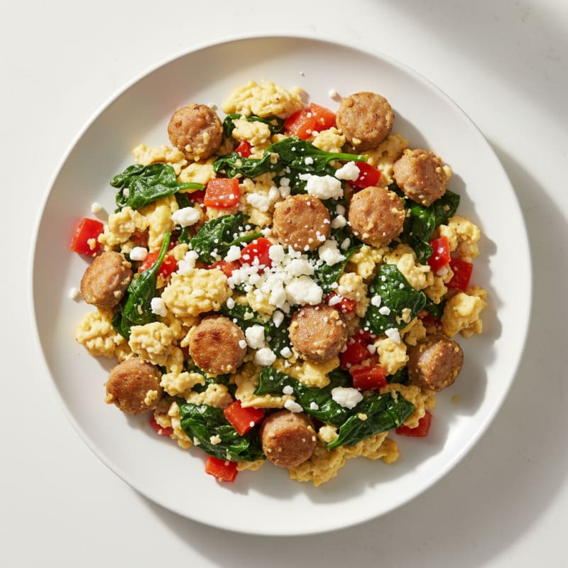 Egg White and Turkey Sausage Scramble with Spinach and Bell Peppers