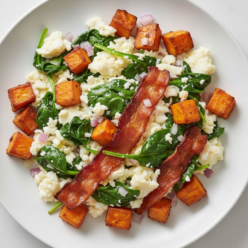 Crispy Turkey Bacon and Spinach Egg White Scramble with Roasted Sweet Potatoes