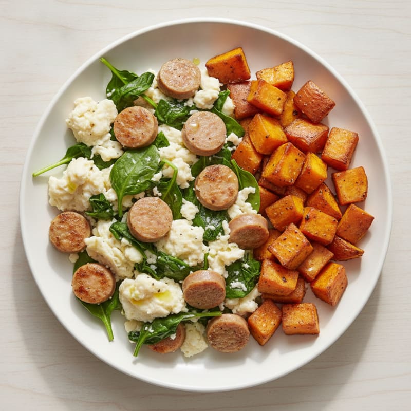 Egg White and Turkey Sausage Scramble with Spinach and Roasted Sweet Potatoes