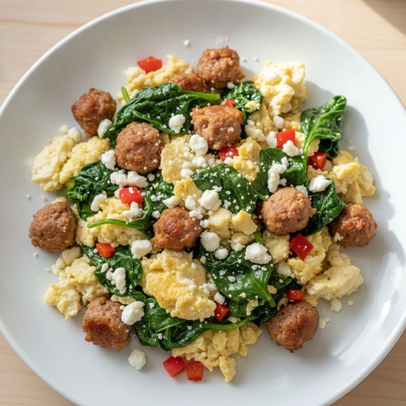 Egg White and Turkey Sausage Scramble with Sautéed Spinach