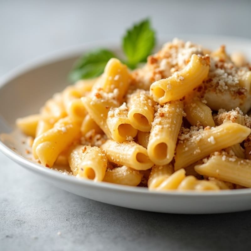 High Protein Baked Macaroni with Chicken, Creamy Cauliflower Sauce, and Crispy Topping