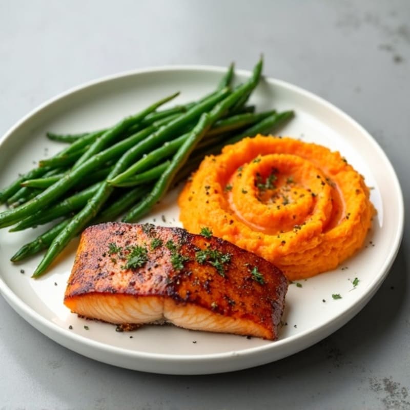 Seared Salmon with Garlic Green Beans and Sweet Potato Mash