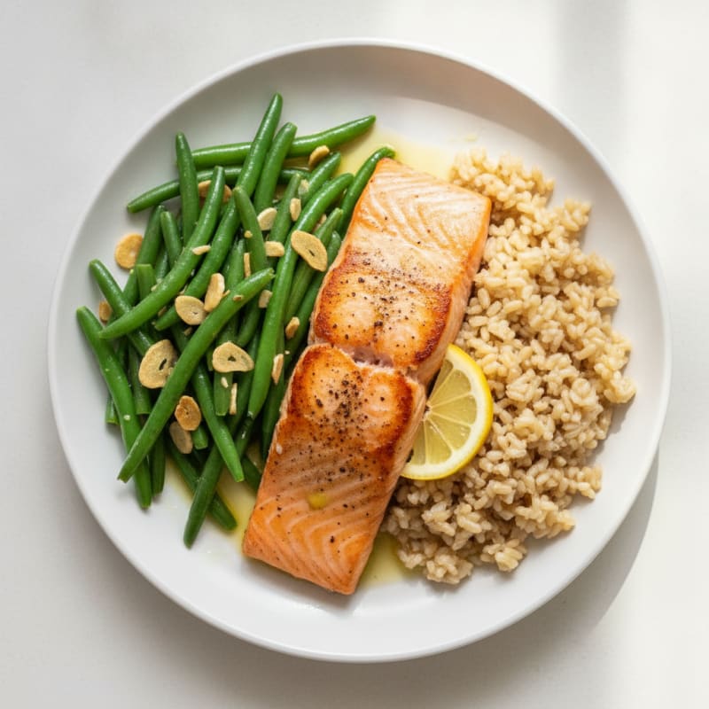 Seared Salmon Fillet with Garlic Green Beans and Brown Rice