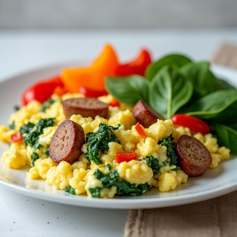 Egg White Spinach Scramble with Turkey Sausage and Sautéed Peppers