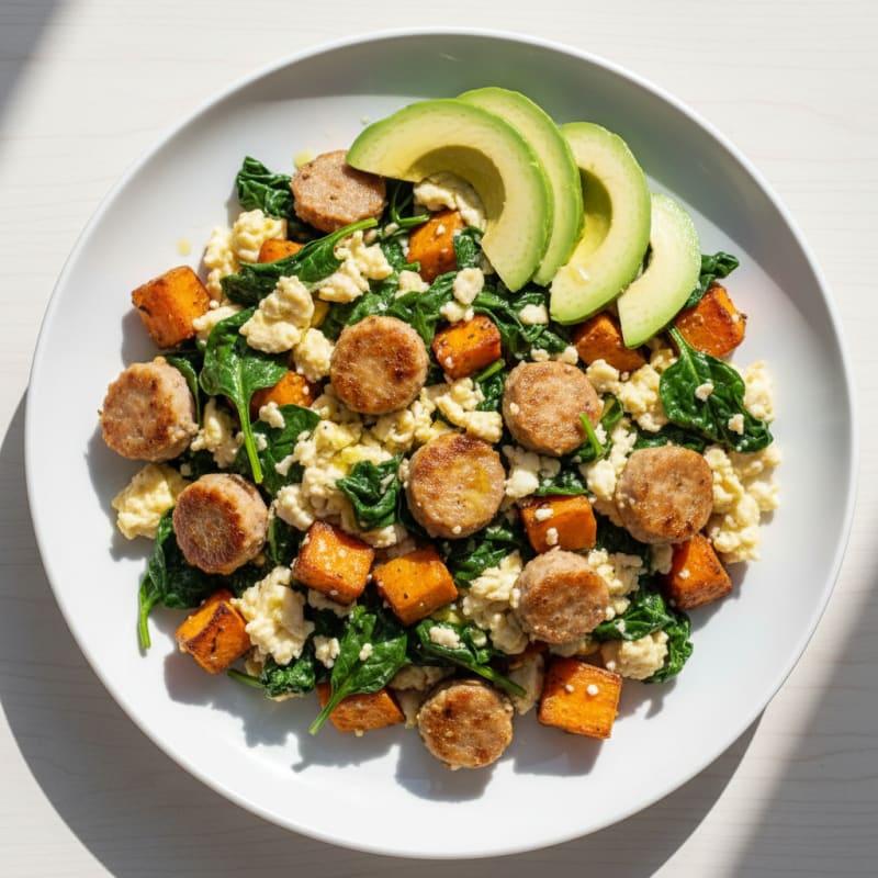 Egg White Scramble with Turkey Sausage and Spinach