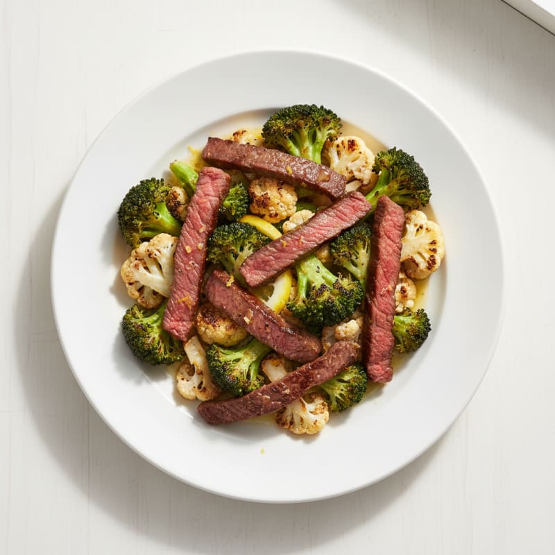 Seared Lean Beef Strips with Roasted Broccoli and Cauliflower