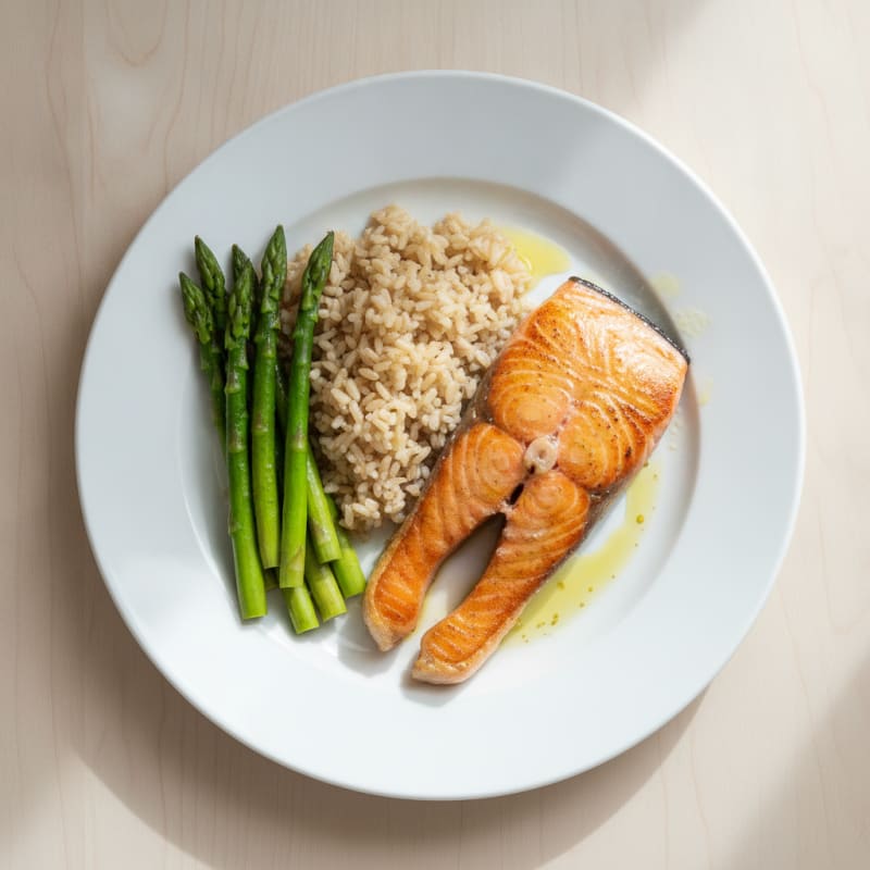 Seared Salmon with Steamed Asparagus and Brown Rice