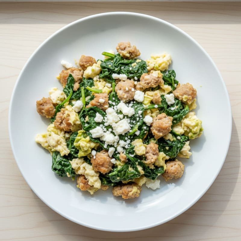 Egg White and Turkey Sausage Scramble with Sautéed Spinach