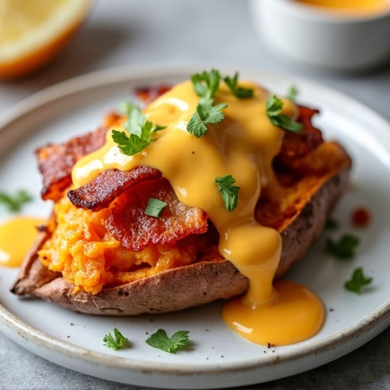 Loaded Crispy Roasted Sweet Potatoes with Smoky Bacon and Creamy Cheesy Sauce