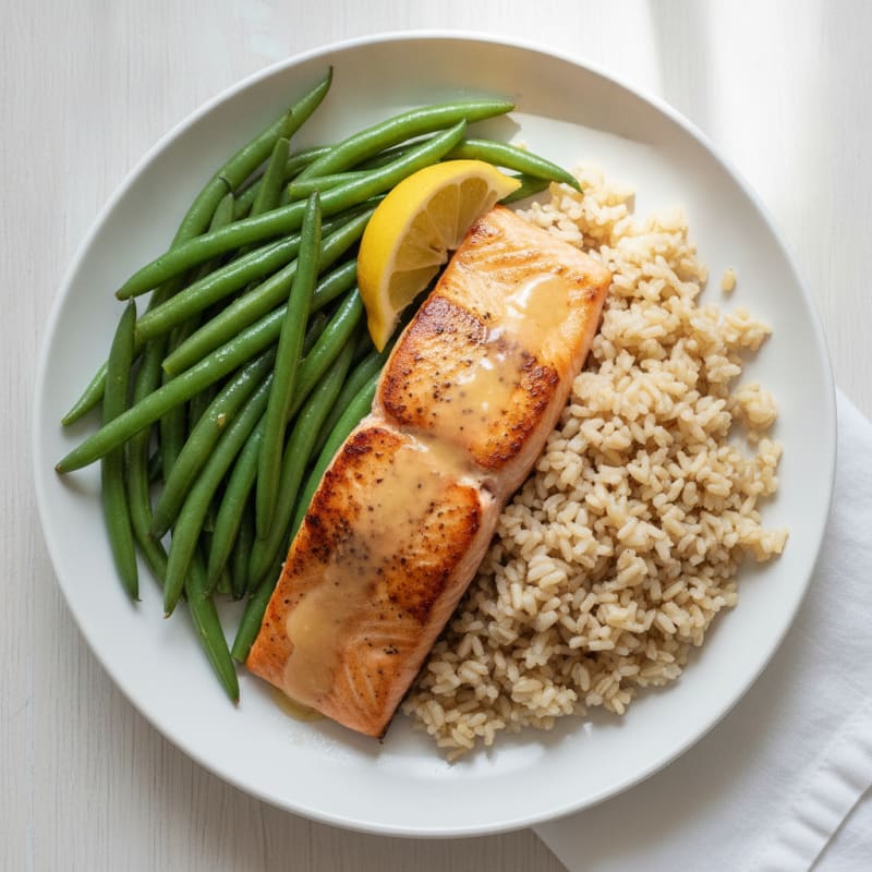 Seared Salmon with Steamed Green Beans and Brown Rice