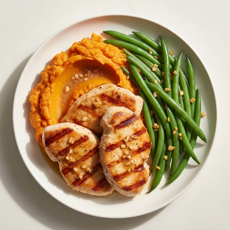 Seared Turkey Cutlets with Steamed Green Beans and Sweet Potato Mash