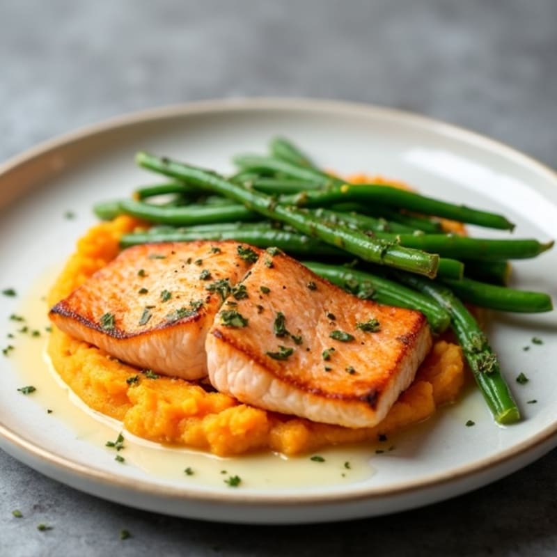 Seared Salmon with Garlic Green Beans and Sweet Potato Mash