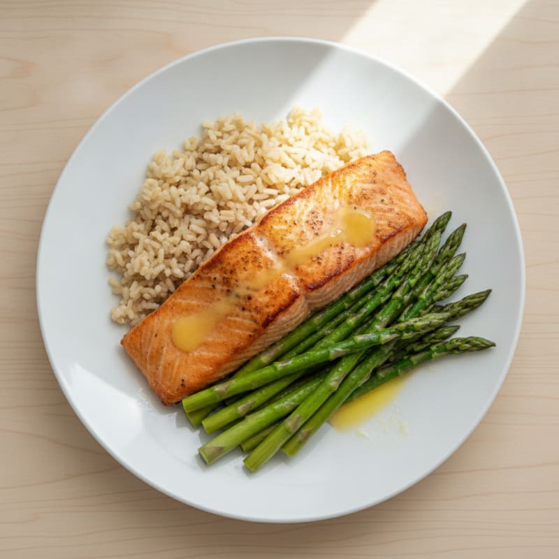 Seared Salmon Fillet with Steamed Asparagus and Brown Rice