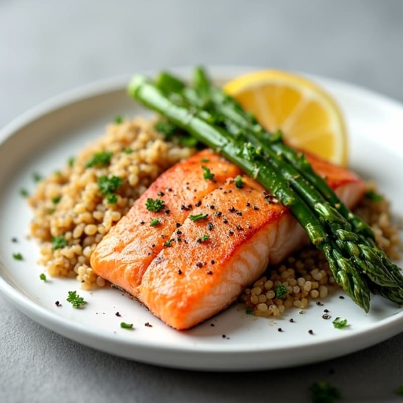 Seared Salmon with Quinoa and Steamed Asparagus
