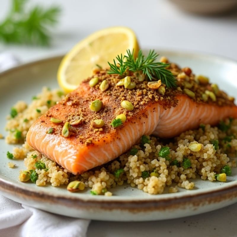 Crispy Pistachio Crusted Salmon with Fresh Lemon Herb Quinoa