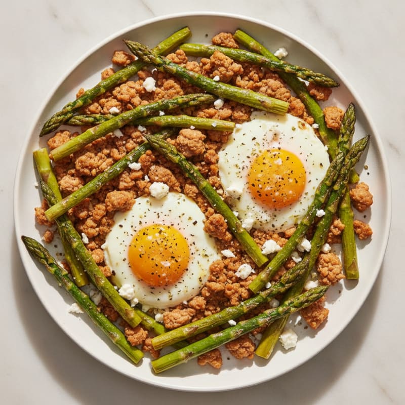 Baked Eggs with Roasted Asparagus and Savory Turkey