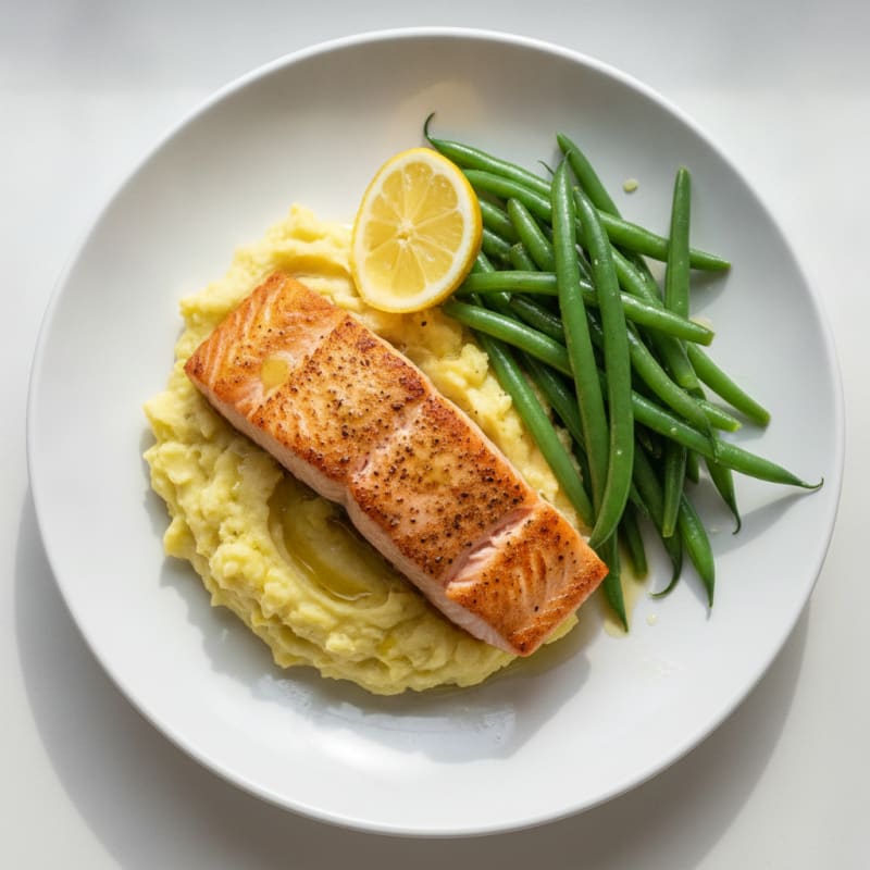 Seared Salmon with Steamed Green Beans and Garlic Mashed Potatoes