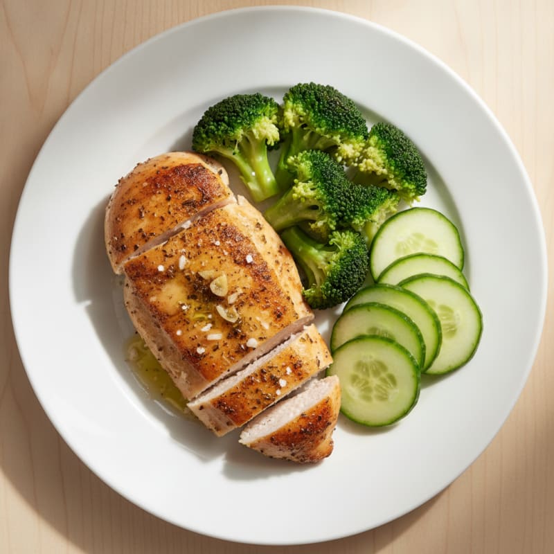 Roasted Chicken Breast with Steamed Broccoli and Cucumber Slices