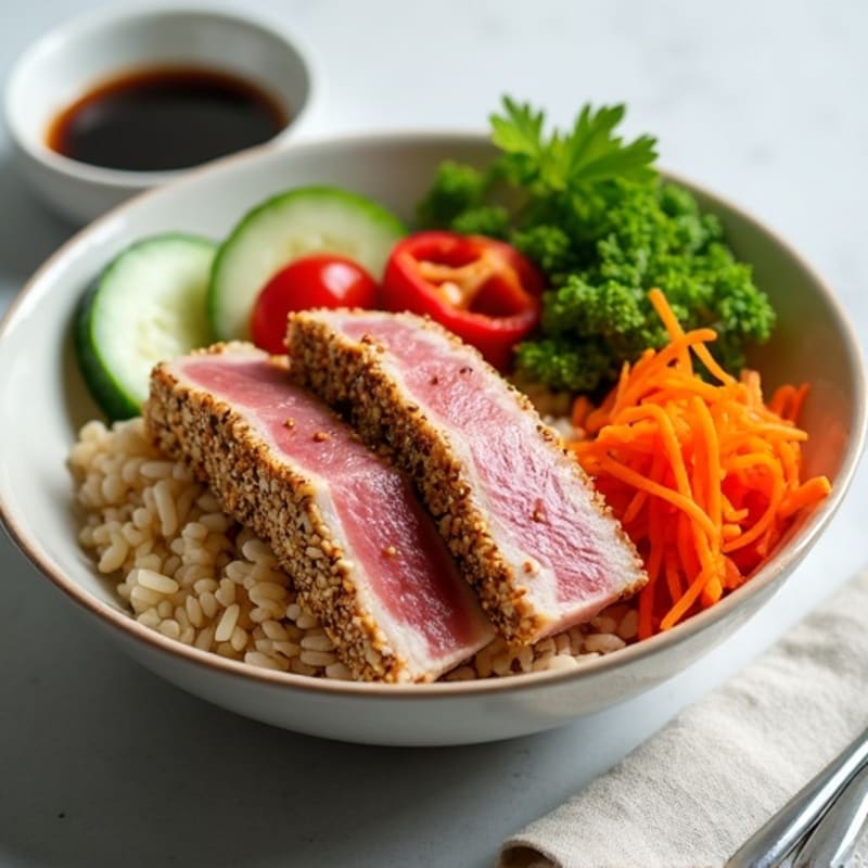 Sesame-Crusted Tuna Rice Bowl with Fresh Vegetables