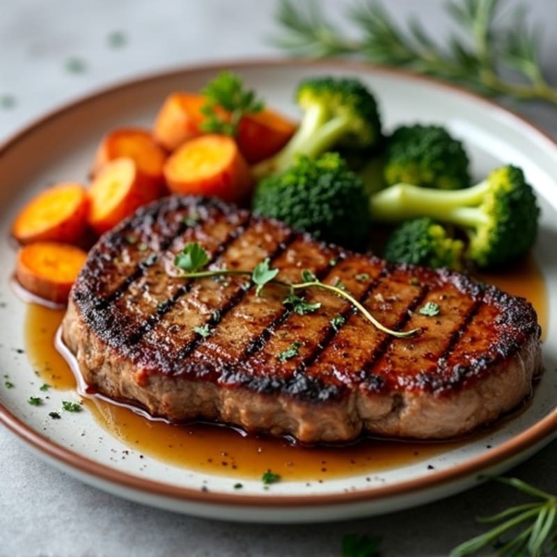 Pan-Seared Steak with Crispy Roasted Broccoli and Sweet Potato