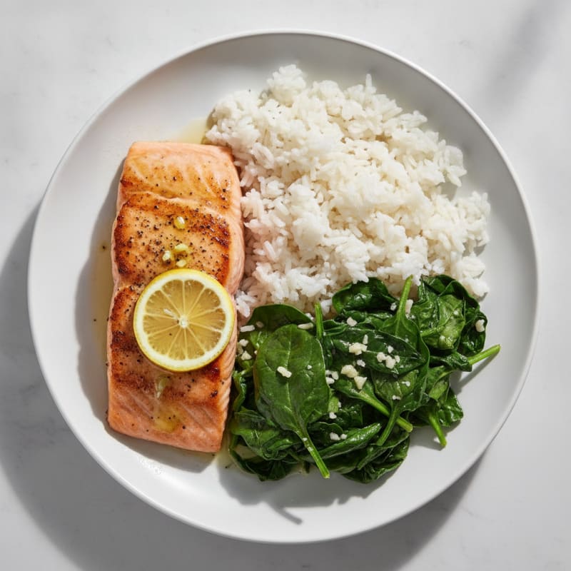 Seared Salmon with Steamed Rice and Garlic Spinach