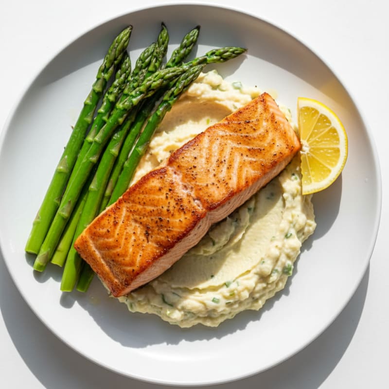 Seared Salmon Filet with Steamed Asparagus and Cauliflower Mash