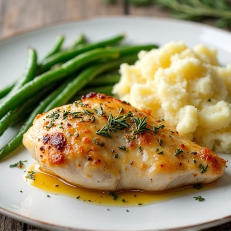 Lemon Herb Roasted Chicken with Creamy Buttery Garlic Mashed Potatoes and Sautéed Green Beans