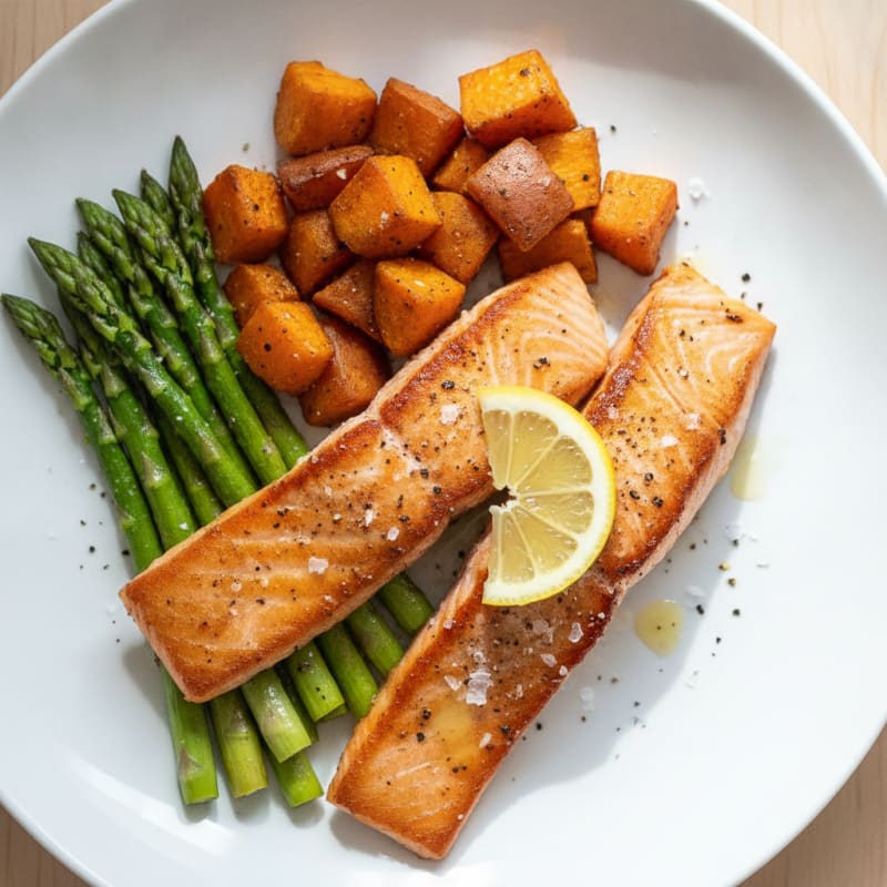 Seared Salmon Fillet with Roasted Sweet Potatoes and Asparagus