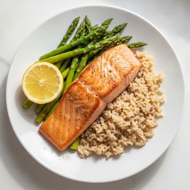 Seared Salmon with Steamed Asparagus and Brown Rice