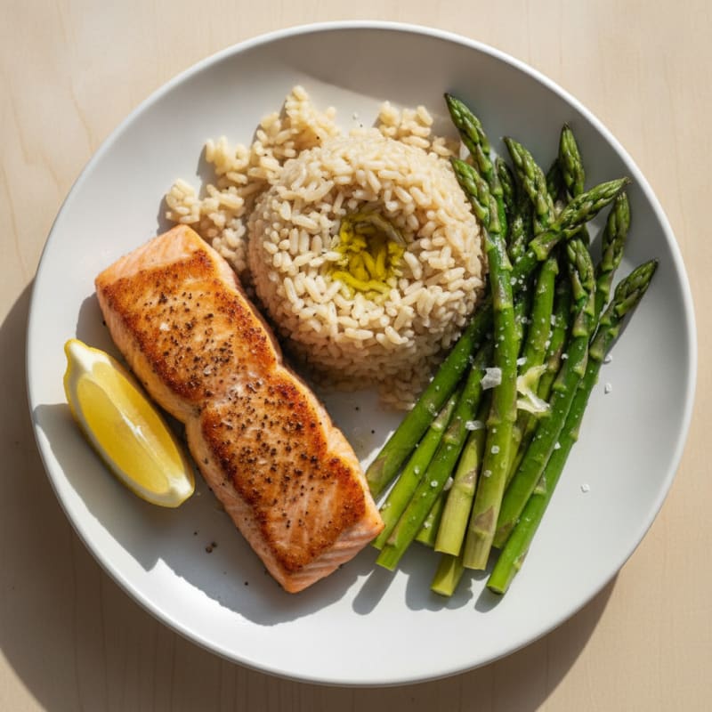Seared Salmon with Steamed Asparagus and Brown Rice