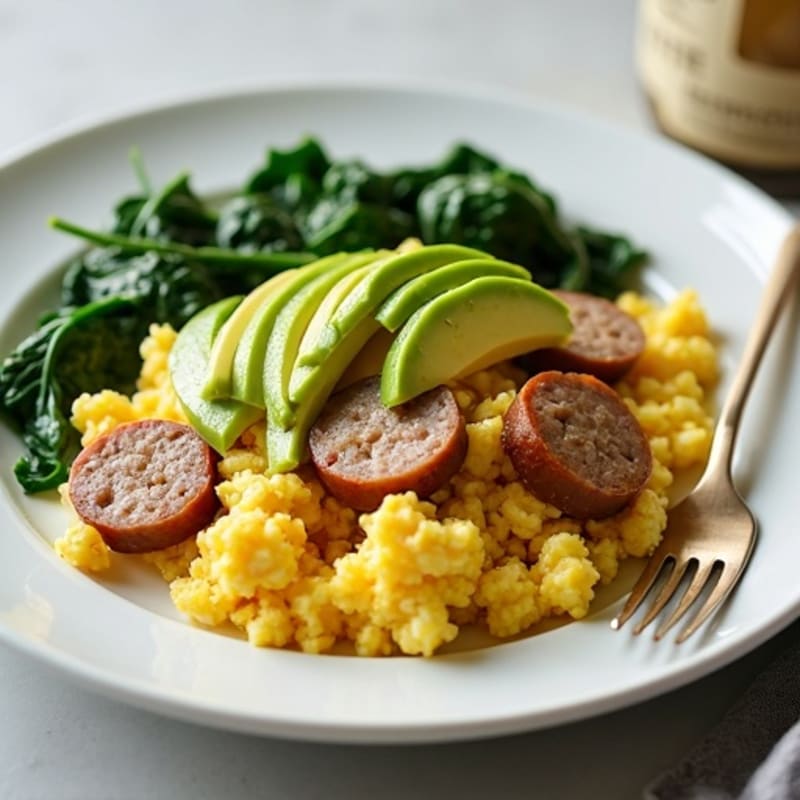Egg White Scramble with Turkey Sausage and Sautéed Spinach with Avocado Garnish