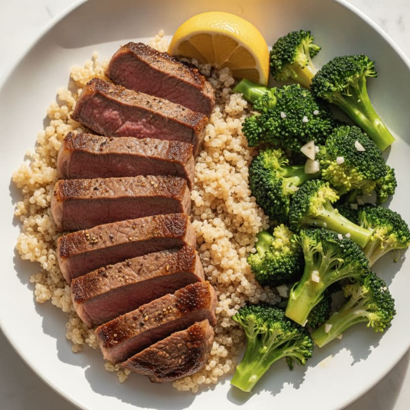 Seared Lean Beef with Steamed Broccoli and Quinoa