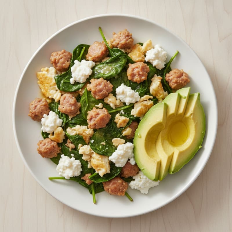 Egg White and Turkey Sausage Scramble with Cottage Cheese and Spinach